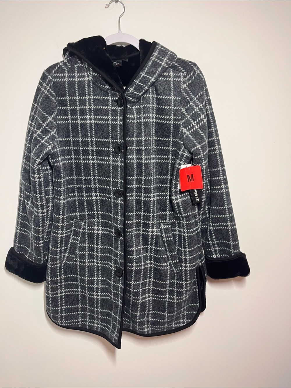Ike Behar Black & White Plaid Hooded Pea Coat